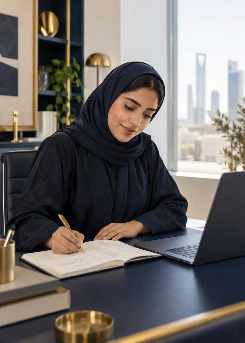 مبدعة سعودية تعمل على أفكار المحتوى في مساحة عمل هادئة
