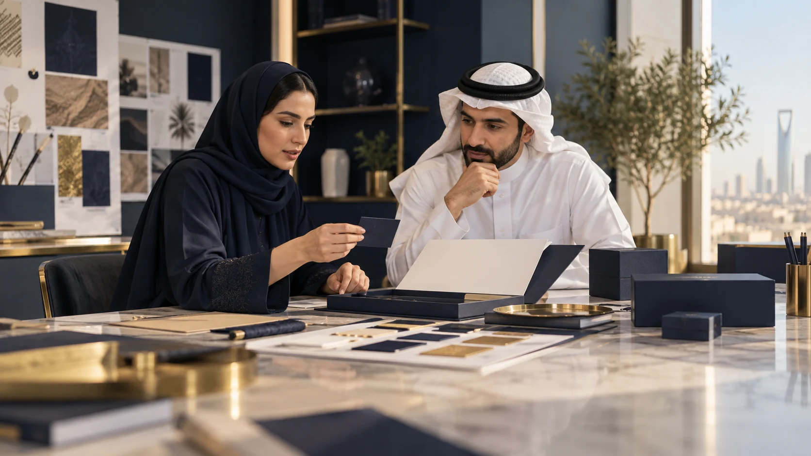 مصممة ومدير إبداع سعوديان يراجعان نماذج هوية بصرية وتغليف